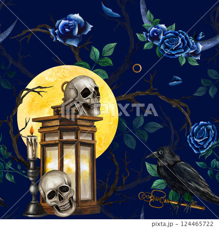 Skulls with large full moon, vintage lantern and candelabrum, blue roses and dry branches. Seamless pattern watercolor illustration. Gothic style, Halloween and Day of the Dead isolated on background Skulls with large full moon, vintage lantern and candelabrum, blue roses and dry branches. Seamless pattern watercolor illustration. Gothic style, Halloween and Day of the Dead isolated on background 124465722