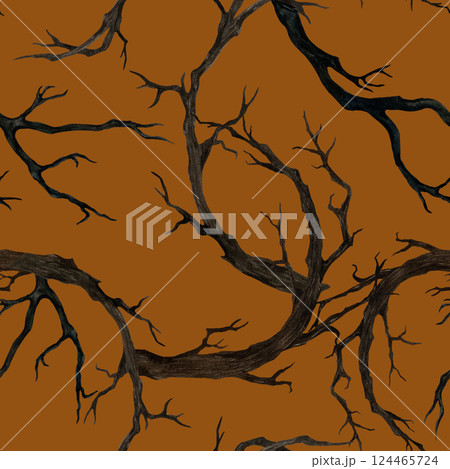 Dark brown dry branches without leaves seamless pattern. Isolated watercolor illustration on orange background. Dry curved ramification hand drawn for Gothic and Halloween Holiday print product Dark brown dry branches without leaves seamless pattern. Isolated watercolor illustration on orange background. Dry curved ramification hand drawn for Gothic and Halloween Holiday print product 124465724