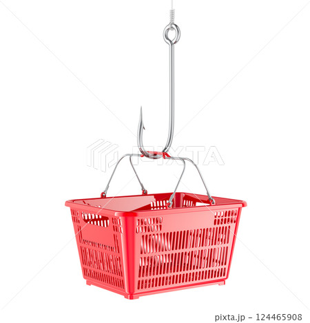 Shopping basket on the fishing hook, 3D rendering 124465908