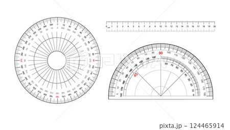 Measuring tool set with round protractors scale and degrees measure metric rulers Measuring tool set with round protractors scale and degrees measure metric rulers 124465914