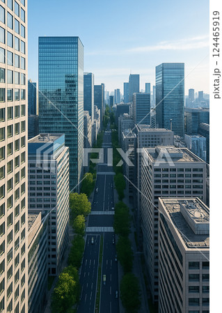高層ビルに囲まれた早朝のビジネス街｜都市の静けさと清々しい空気感 124465919
