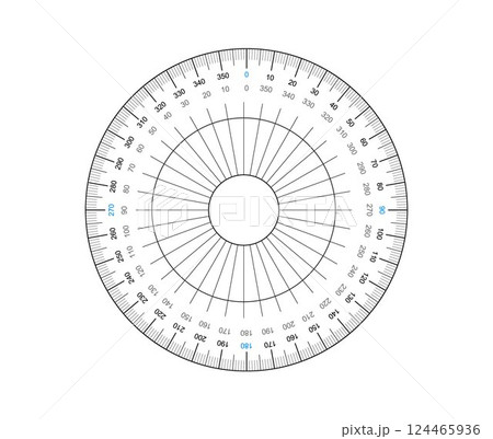 Round protractors degrees measure scale isolated on the white background Round protractors degrees measure scale isolated on the white background 124465936