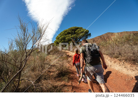 Father and daughter hiking in sunny landscape with blue sky and lush greenery 124466035