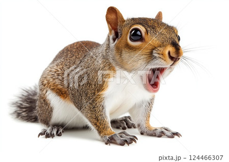 A surprised squirrel with its mouth wide open, looking expressive and alert against a white background 124466307