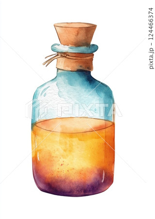 A single watercolor glass bottle with a cork stopper, filled with gradient orange liquid A single watercolor glass bottle with a cork stopper, filled with gradient orange liquid 124466374