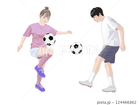 サッカーリフティングをする若い男女 124466862