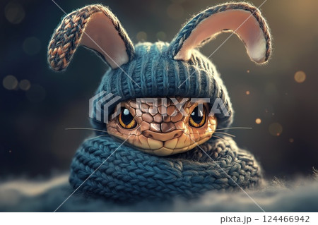 Cute snake dressed in a knitted hat with bunny ears and a scarf. 124466942