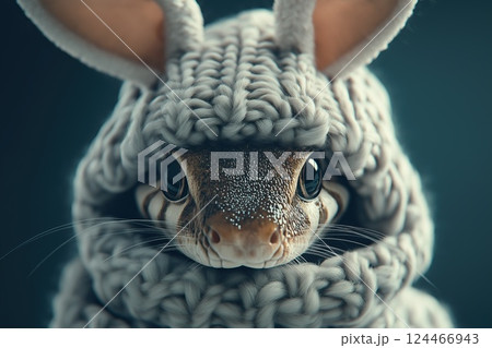 Cute snake dressed in a knitted hat with bunny ears and a scarf. 124466943