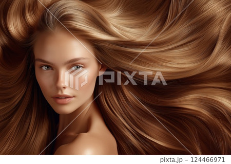 A young woman with long, voluminous, silky golden-brown hair poses gracefully with a glowing complexion 124466971