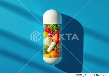 A large transparent pill with fresh fruits, vegetables, and a white supplement inside, set against a blue wall with shadows A large transparent pill with fresh fruits, vegetables, and a white supplement inside, set against a blue wall with shadows 124467372