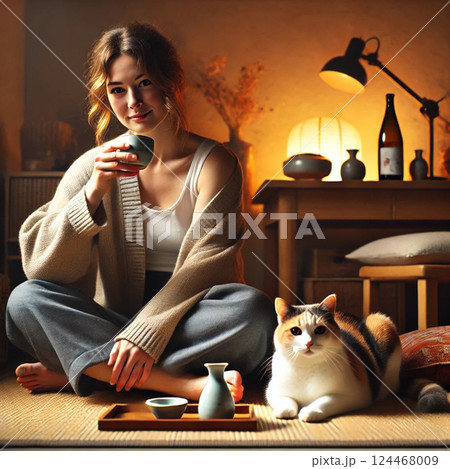 猫とお酒を飲む女性 124468009