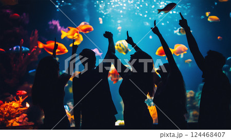 水族館で魚を見つめるシルエットの4人の人物 124468407