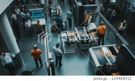 空港の保安検査場での混雑した出発前の様子 124468412