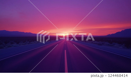 夕焼けの空に続くまっすぐな道と幻想的な風景 夕焼けの空に続くまっすぐな道と幻想的な風景 124468414