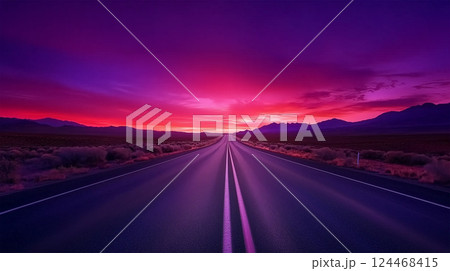 夕焼けの空に続くまっすぐな道と幻想的な風景 124468415