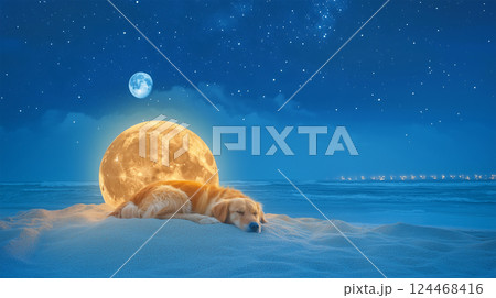 満月の下で砂浜に眠るゴールデンレトリバー 124468416
