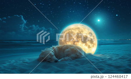 満月の下で砂浜に眠るゴールデンレトリバー 124468417