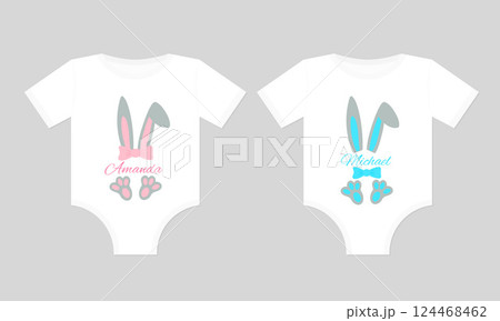Easter baby monogram for girl and boy on baby onesie. Funny Easter design. Vector template for poster, greeting card, banner, sticker, etc. Easter baby monogram for girl and boy on baby onesie. Funny Easter design. Vector template for poster, greeting card, banner, sticker, etc. 124468462