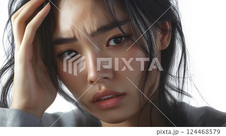 困って頭を抱えている女性 困って頭を抱えている女性 124468579