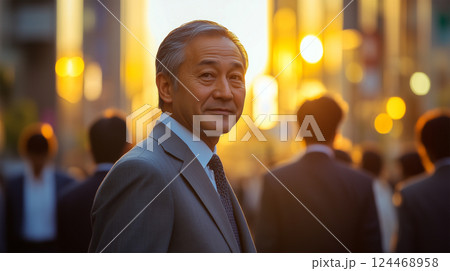 夕暮れの都市で振り返る日本人ビジネスマンの落ち着いた表情 124468958