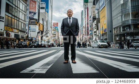 東京の横断歩道に立つ日本人ビジネスマンの力強い姿 124468959