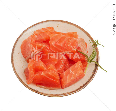 Salmon fish pieces in a plate and rosemary isolate on white. 124469551