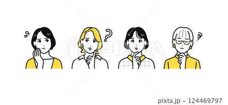 悩むミドル女性4人のシンプルな人物アイコンセット 124469797