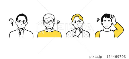 悩むミドル男性4人のシンプルな人物アイコンセット 悩むミドル男性4人のシンプルな人物アイコンセット 124469798