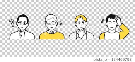 悩むミドル男性4人のシンプルな人物アイコンセット 悩むミドル男性4人のシンプルな人物アイコンセット 124469798