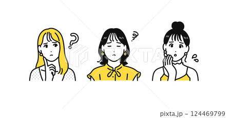 悩むオシャレな若い女性3人のシンプルな人物アイコンセット 124469799