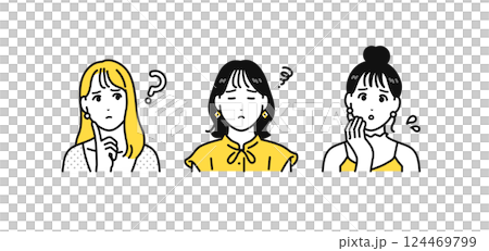 悩むオシャレな若い女性3人のシンプルな人物アイコンセット 124469799