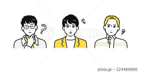 悩むカジュアルな若い男性3人のシンプルな人物アイコンセット 124469800