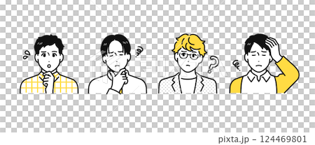 Simple character icon set of four worried casual young men 124469801