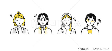 悩む若い女性4人のシンプルな人物アイコンセット 124469802