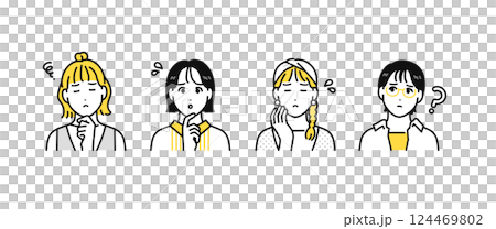 悩む若い女性4人のシンプルな人物アイコンセット 124469802