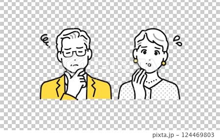 Simple character icon set of a troubled wealthy senior couple 124469803
