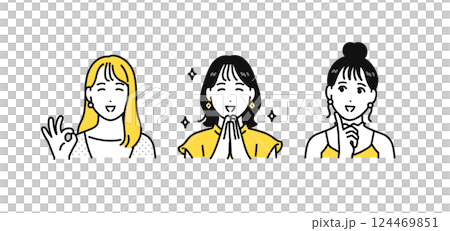 三個時尚年輕女性面帶微笑、開心的簡單圖標集 三個時尚年輕女性面帶微笑、開心的簡單圖標集 124469851