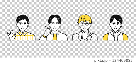 Simple character icon set of four smiling happy casual young men Simple character icon set of four smiling happy casual young men 124469853