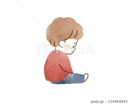 うつむいて落ち込んでいる男の子-水彩 うつむいて落ち込んでいる男の子-水彩 124469945
