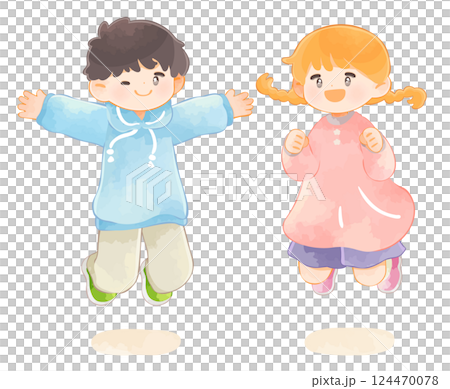 ジャンプする子供　男の子と女の子 124470078