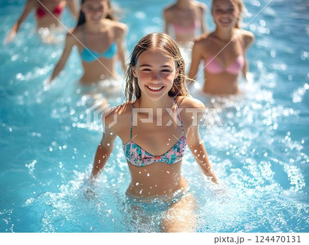 Teenage girls laughing, splashing in resort pool's bright blue water, sharing joyful summer moments and creating playful water sprays 124470131