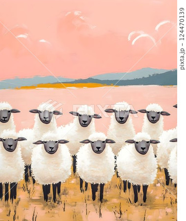 Golden grass surrounding grazing sheep under pink sunset, dark hills forming serene pastoral landscape with soft contemporary painting style 124470139