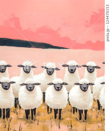 Golden grass surrounding grazing sheep under pink sunset, dark hills forming serene pastoral landscape with soft contemporary painting style 124470153
