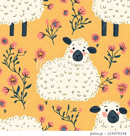 Cute sheep pattern with pink blossoms...のイラスト素材 [124470248] - PIXTA