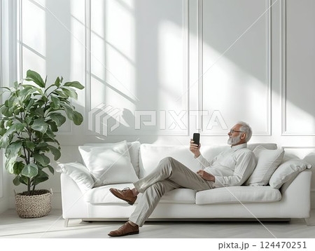 Relaxed senior man using digital tablet, enjoying his retirement in a cozy and stylish living room filled with houseplants, creating a comfortable atmosphere 124470251