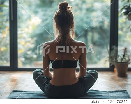 Female yogi sitting in lotus pose on mat, meditating near large window with natural landscape, embodying inner calm and holistic wellness 124470252