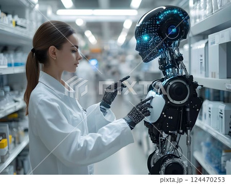 Scientist analyzing robotic system in sterile pharmaceutical laboratory, demonstrating cutting-edge medical automation and technological innovation with humanoid assistant 124470253
