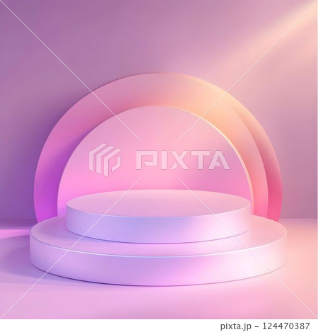Pink cylindrical pedestal standing in pastel studio environment, featuring gradient backdrop with soft illumination, presenting minimalist product display design 124470387