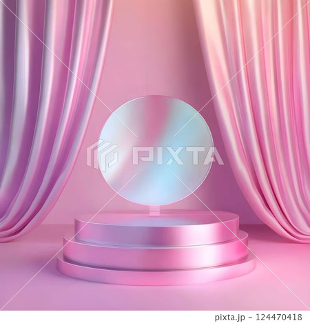 Glossy pink holographic stage platform featuring circular digital screen, surrounded by elegant flowing curtains creating luxurious presentation environment 124470418