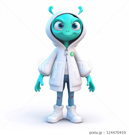 Friendly cartoon alien 3d rendering, donning white hooded jacket, ripped jeans, white sneakers, smiling softly against neutral background 124470459
